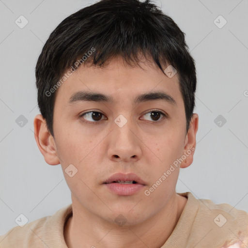 Neutral asian young-adult male with short  brown hair and brown eyes