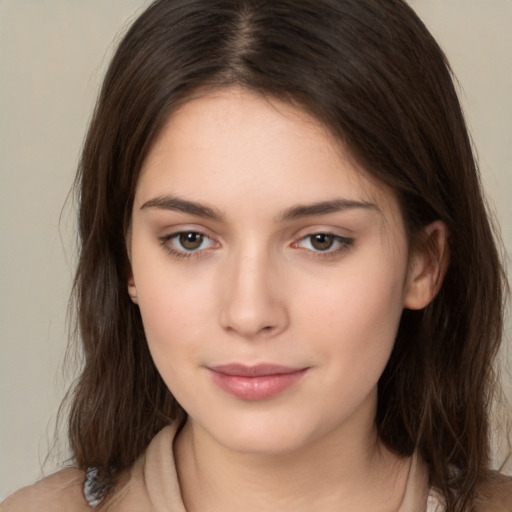 Neutral white young-adult female with medium  brown hair and brown eyes