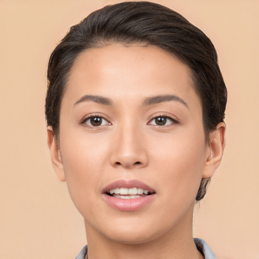 Joyful white young-adult female with long  brown hair and brown eyes