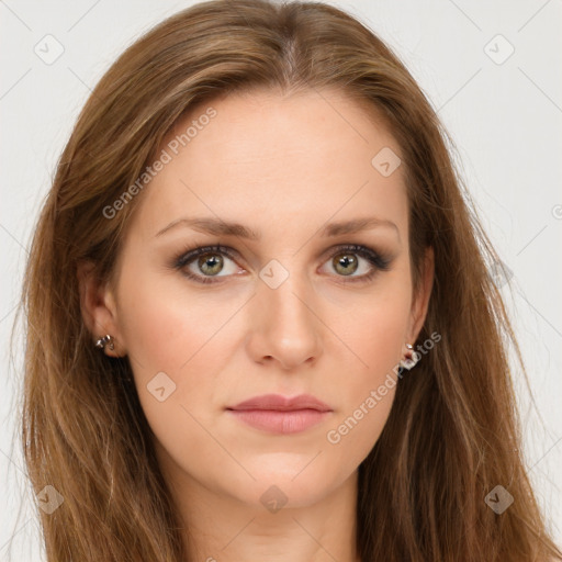 Neutral white young-adult female with long  brown hair and grey eyes