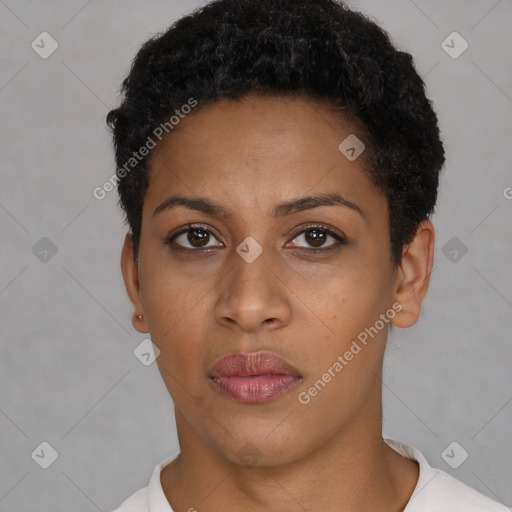 Neutral black young-adult female with short  brown hair and brown eyes