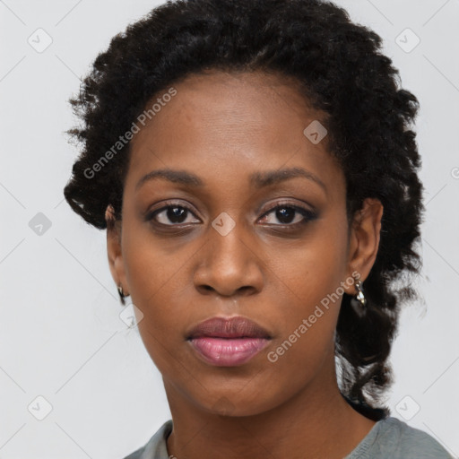 Neutral black young-adult female with short  black hair and brown eyes