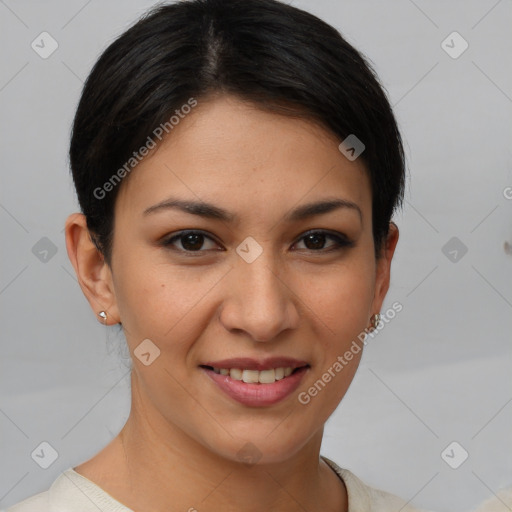 Joyful white young-adult female with short  brown hair and brown eyes