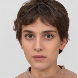 Neutral white young-adult female with short  brown hair and brown eyes