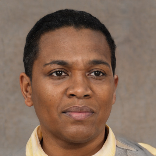 Joyful black young-adult male with short  black hair and brown eyes