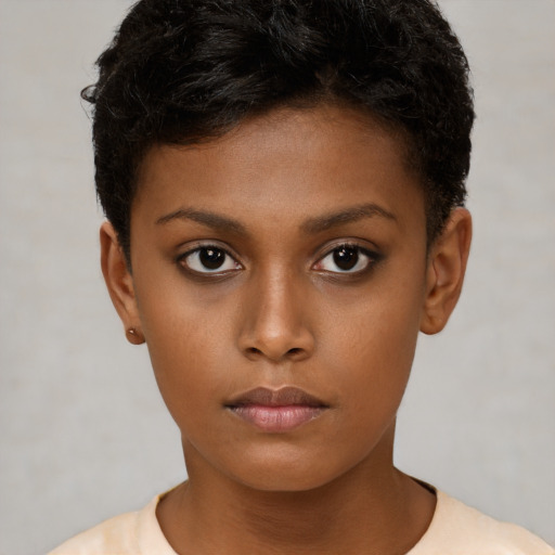 Neutral black young-adult female with short  brown hair and brown eyes