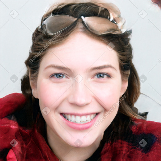 Joyful white young-adult female with long  brown hair and blue eyes