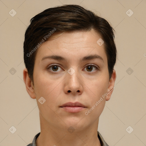 Neutral white young-adult female with short  brown hair and brown eyes