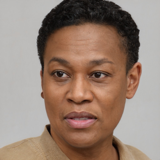 Joyful black adult female with short  black hair and brown eyes