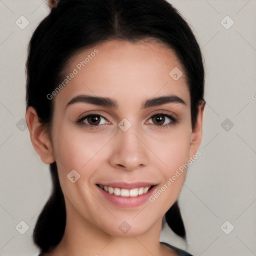 Joyful white young-adult female with medium  black hair and brown eyes