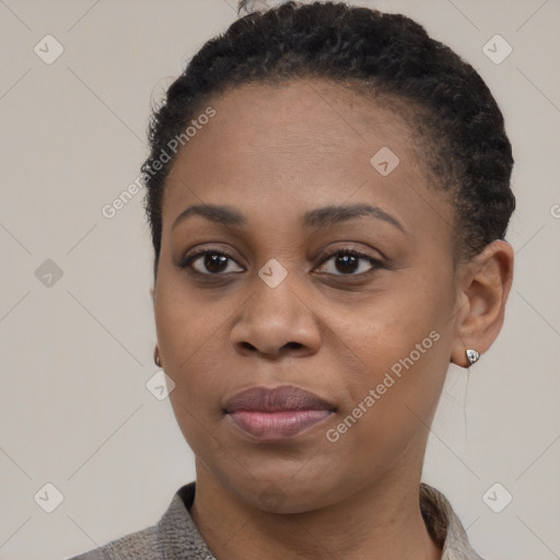 Joyful black young-adult female with short  black hair and brown eyes