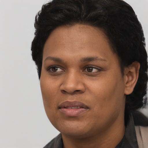 Joyful black young-adult female with short  black hair and brown eyes