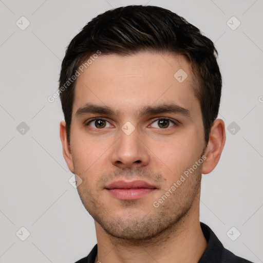 Neutral white young-adult male with short  brown hair and brown eyes