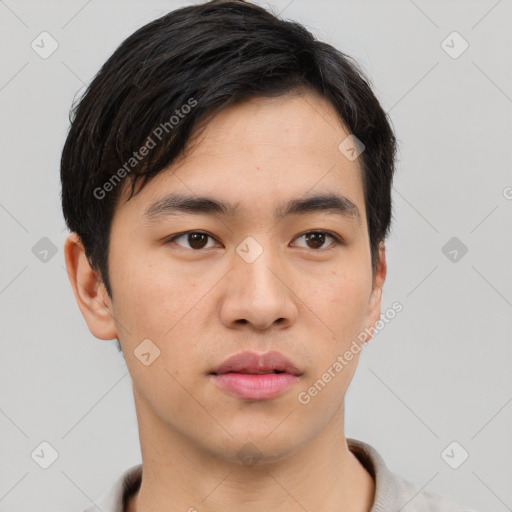 Neutral asian young-adult male with short  black hair and brown eyes