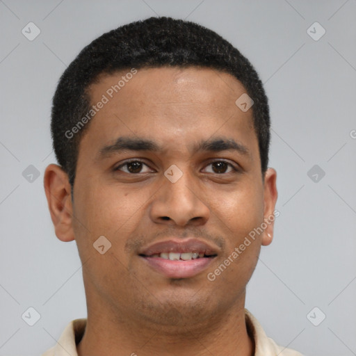 Joyful latino young-adult male with short  brown hair and brown eyes