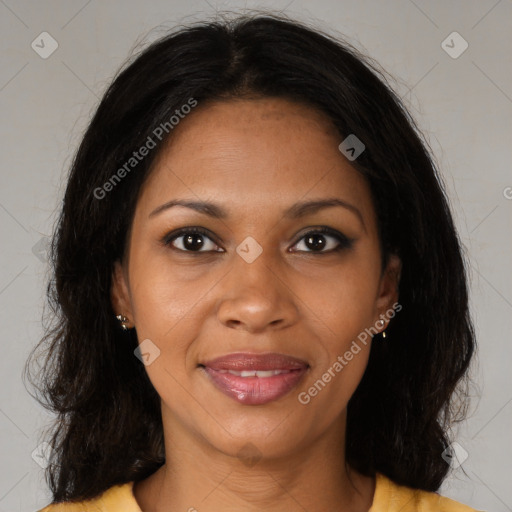 Joyful black young-adult female with medium  brown hair and brown eyes