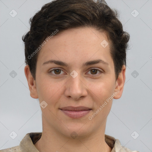 Joyful white young-adult female with short  brown hair and brown eyes