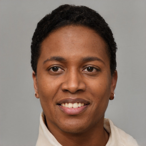 Joyful black young-adult female with short  black hair and brown eyes