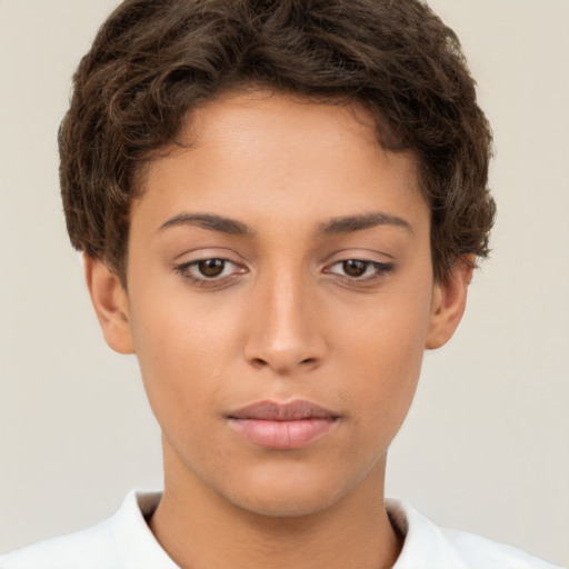 Neutral white young-adult female with short  brown hair and brown eyes