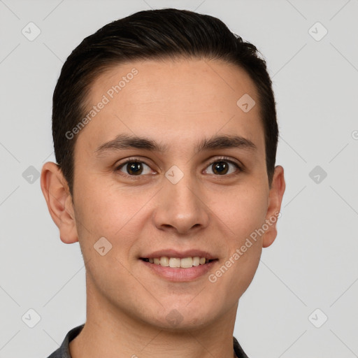 Joyful white young-adult male with short  brown hair and brown eyes