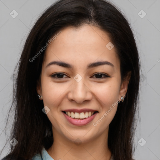 Joyful asian young-adult female with long  brown hair and brown eyes