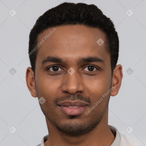 Neutral black young-adult male with short  black hair and brown eyes
