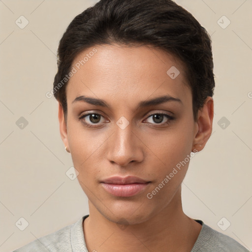 Neutral white young-adult female with short  brown hair and brown eyes