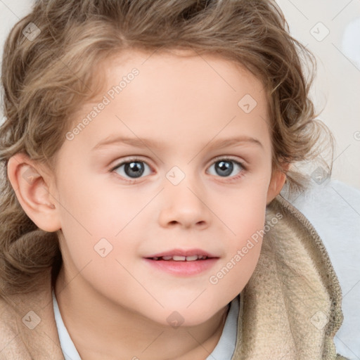 Joyful white child female with medium  brown hair and blue eyes