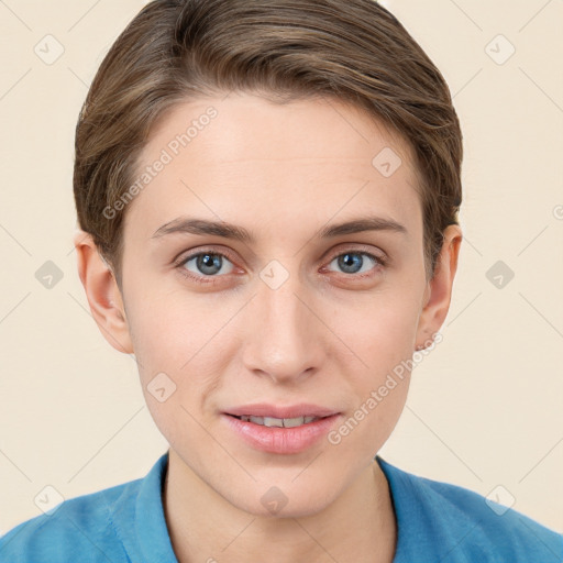 Joyful white young-adult female with short  brown hair and grey eyes