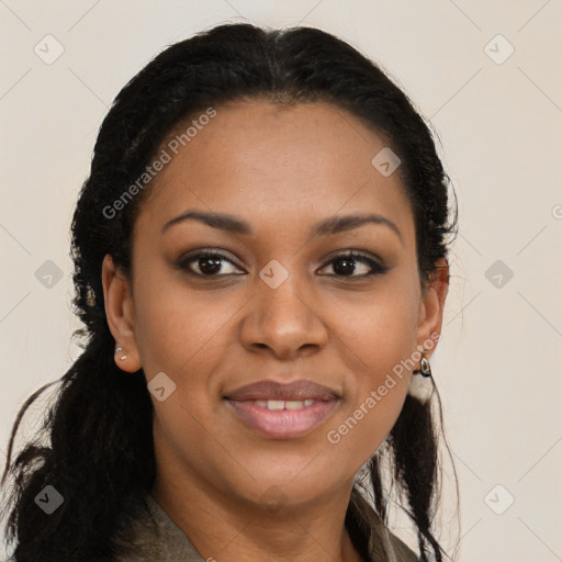 Joyful black young-adult female with long  brown hair and brown eyes