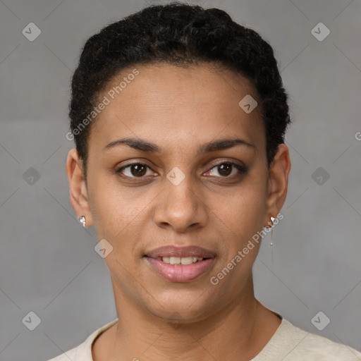 Joyful white young-adult female with short  brown hair and brown eyes