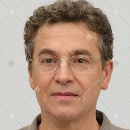 Joyful white middle-aged male with short  brown hair and brown eyes