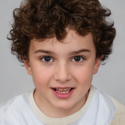 Joyful white child female with short  brown hair and brown eyes