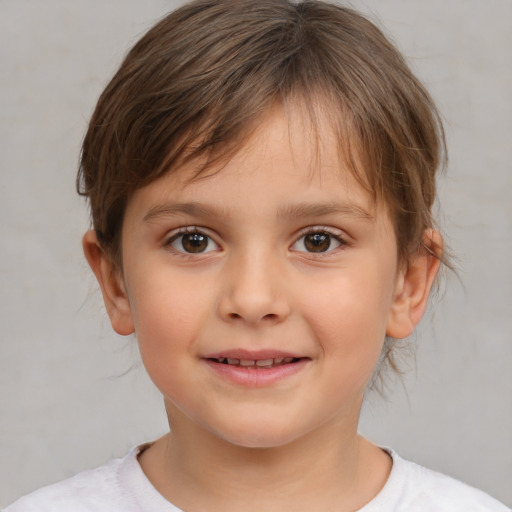 Joyful white child female with medium  brown hair and brown eyes