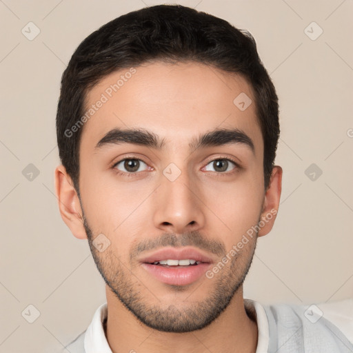 Neutral white young-adult male with short  brown hair and brown eyes