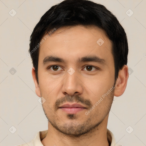 Neutral asian young-adult male with short  black hair and brown eyes