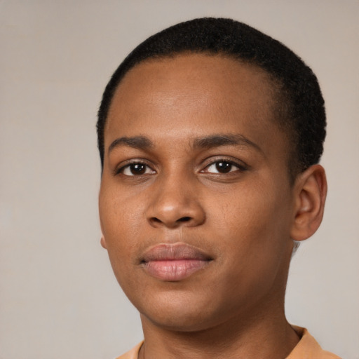 Neutral black young-adult female with short  black hair and brown eyes