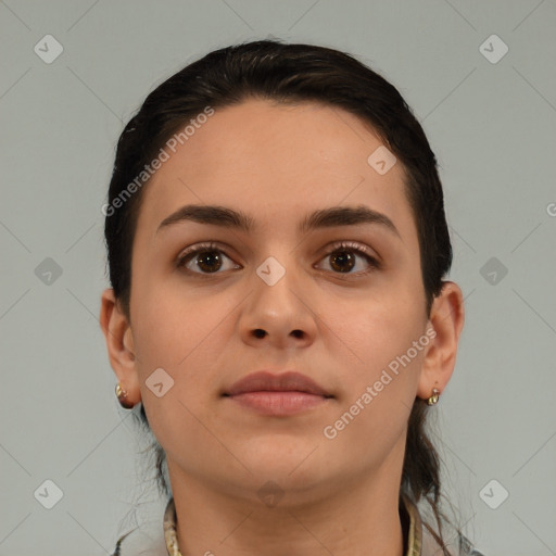 Neutral white young-adult female with short  brown hair and brown eyes