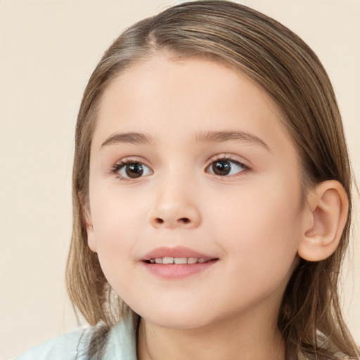 Joyful white child female with medium  brown hair and brown eyes