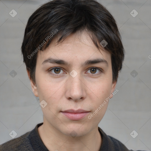 Neutral white young-adult male with short  brown hair and grey eyes