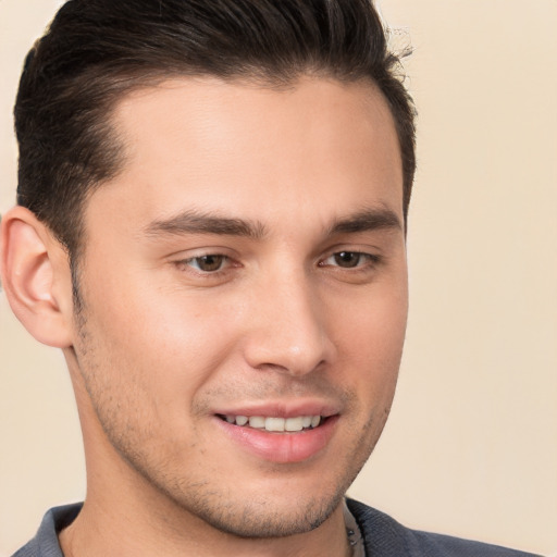 Joyful white young-adult male with short  brown hair and brown eyes