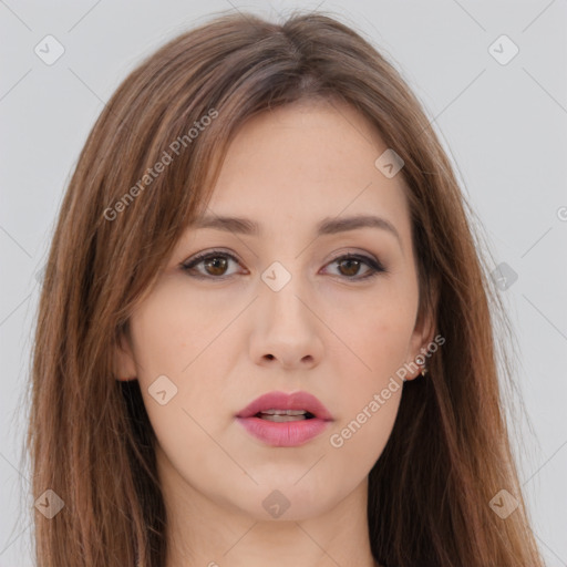 Neutral white young-adult female with long  brown hair and brown eyes