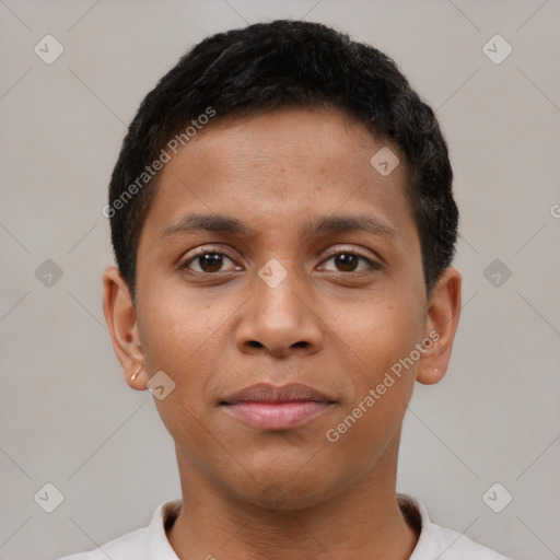Neutral latino young-adult male with short  brown hair and brown eyes
