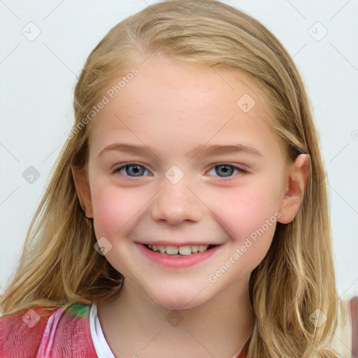 Joyful white child female with medium  brown hair and blue eyes