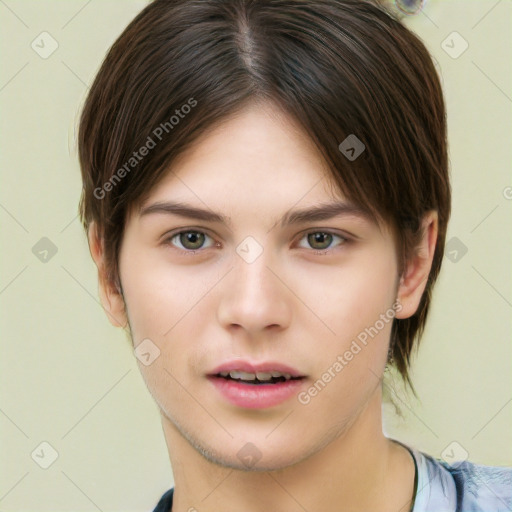 Neutral white young-adult female with short  brown hair and brown eyes