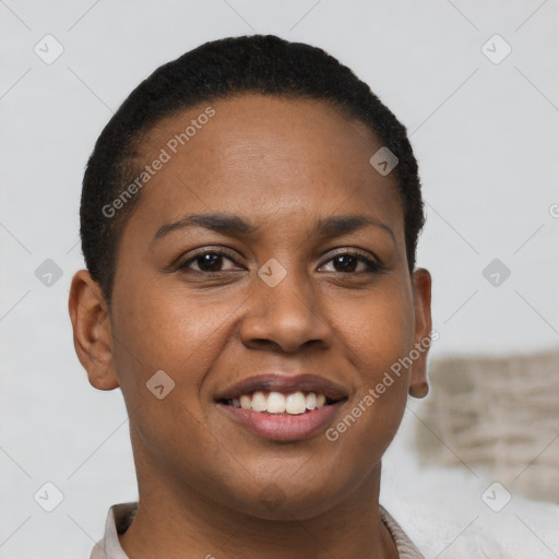 Joyful black young-adult female with short  brown hair and brown eyes