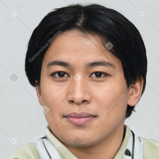 Joyful asian young-adult male with short  black hair and brown eyes