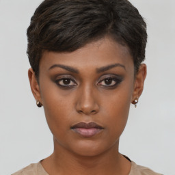 Neutral black young-adult female with short  brown hair and brown eyes