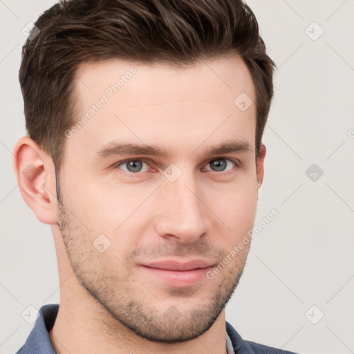 Neutral white young-adult male with short  brown hair and grey eyes