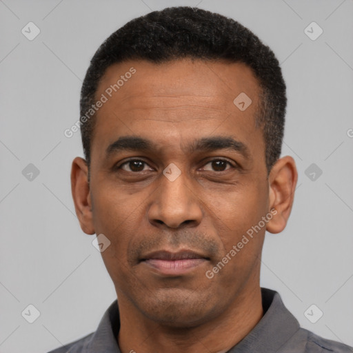 Neutral latino adult male with short  black hair and brown eyes